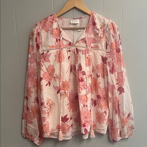 NWT Floral FATE Top Blouse Shirt Large Pink Long Sleeve